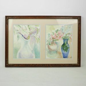 Watercolor Painting Original Painting Framed Art PASTEL FLOWERS IN A VASE 21x14"